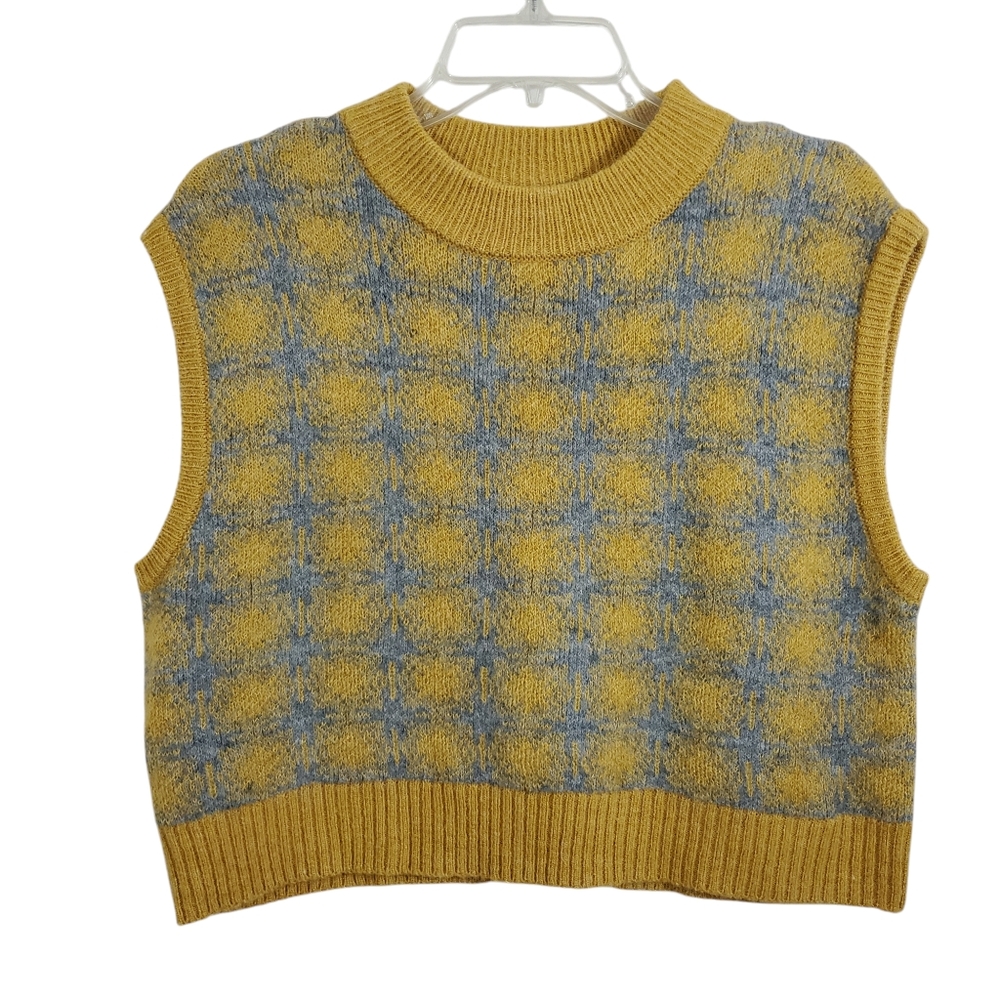Zara Wool Blend Sweater Vest Plaid Check Yellow Grey Small Boxy Boho Academia